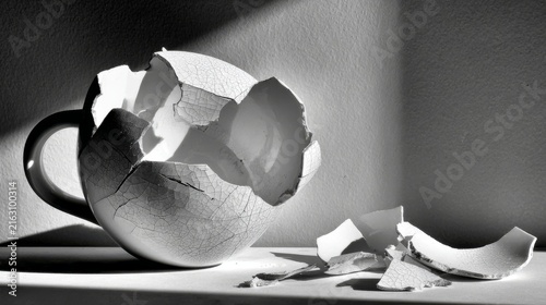 Broken white ceramic cup with shards on surface in black and white