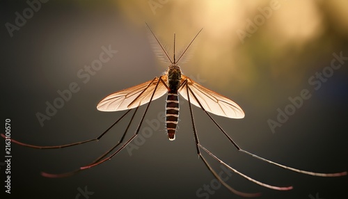 mosquito captured in mid flight with all six legs naturally extended and transparent wings frozen in motion