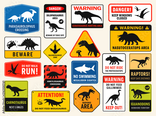 Colorful prehistoric warning sign collection featuring dinosaurs, pterosaurs, marine reptiles and Megalodon. Vector safety signage with silhouettes, danger notices and crossing symbols.