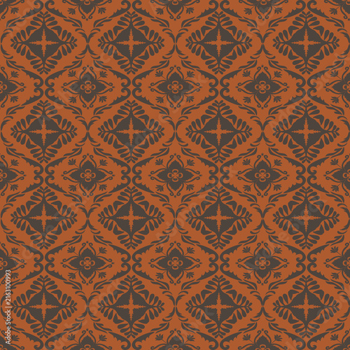 Vintage damask ornamental seamless pattern on orange rust background, vector illustration