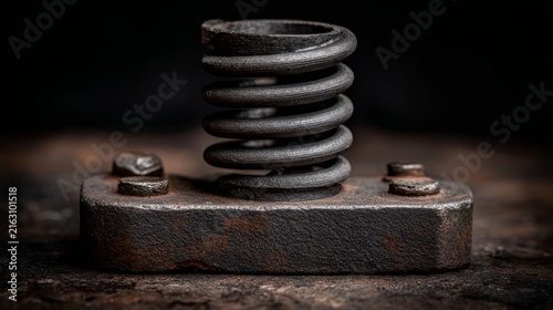 Close-Up of Vintage Rusty Metal Spring on Dark Background