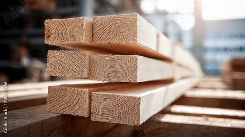 Close-Up View of Freshly Cut Lumber Stacked in a Warehouse
