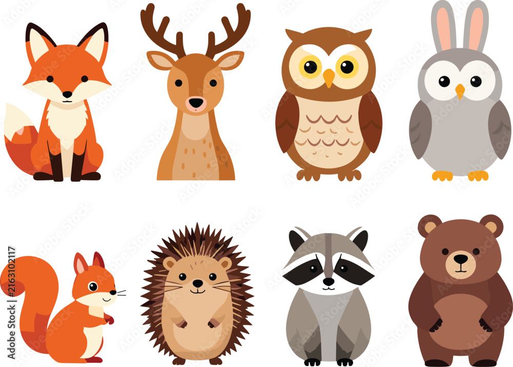 Naklejka premium Cute woodland animals vector set featuring cartoon fox, deer, owl, bunny, squirrel, hedgehog, raccoon, and brown bear isolated on white background (22 words)