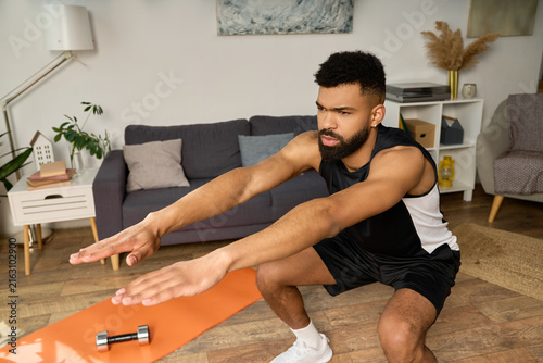 Bild auf Leinwand Striking young african american man engages in workout at his cozy home, showcasing determination