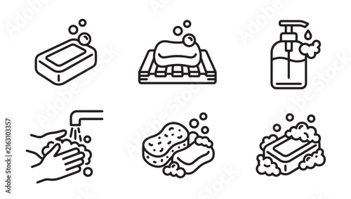 Set of soap and hand washing hygiene outline icons with bubbles cleanliness sanitary bathroom collection illustration isolated equipment dispenser prevention bacteria protection wellness