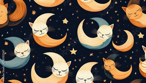 seamless pattern of cute cats sleeping on crescent moons