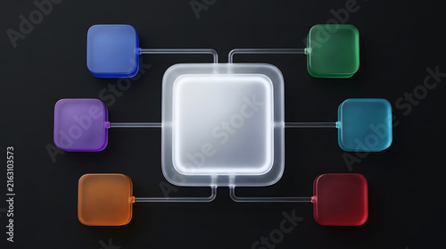 Premium 3D Frosted Glass Central Hub Network Diagram with Six Translucent Connected Modules