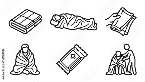 Set of emergency blankets and survival foil thermal sheet outline icons with emergency survival disaster collection illustration isolated equipment protection hypothermia humanitarian
