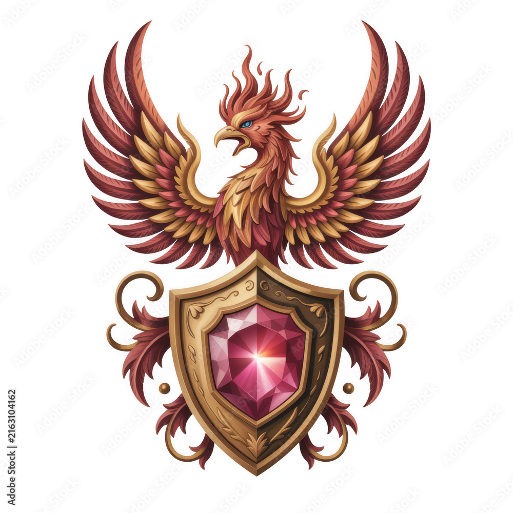 Fototapeta premium Majestic phoenix bird rising with shield and ruby gemstone symbol