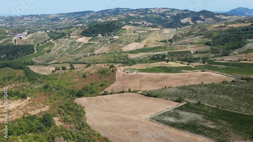 Europe, Italy, Lombardy, Pavia, Montù Berchielli – drone view of the Oltrepò Pavese hills; drought and water shortages lead to an early grape harvest for wine production. Global warming and climate ch