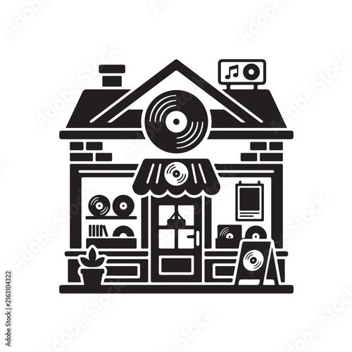 Vinyl record store storefront vector icon for retro music shops and LP shopping