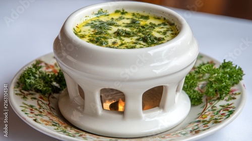 Creamy Herb Infusion in Clay Pot with Candlelight Warmth
