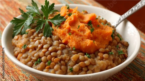 Creamy Lentil Dish with Sweet Potato Mash and Fresh Herb Garnish