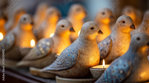 Decorative ceramic birds with flickering candles in warm light