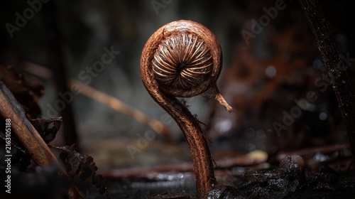Delicate Fern Frond Unfurling in Dark Forest Setting with Detail