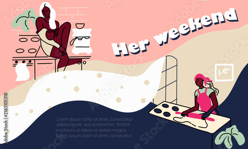 A collage with space for text: her weekends, women's activities, daily concerns, pastimes, hand-drawn linear vector illustration.