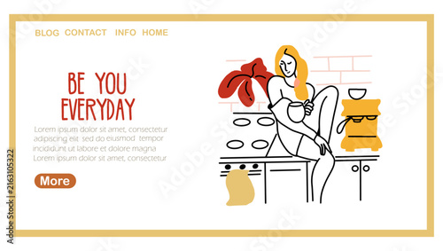Girl Having Breakfast, Home Relaxation Landing Page Template. Young Woman Sitting on table with Cup, Drinking Coffee Hand drawn vector Illustration.