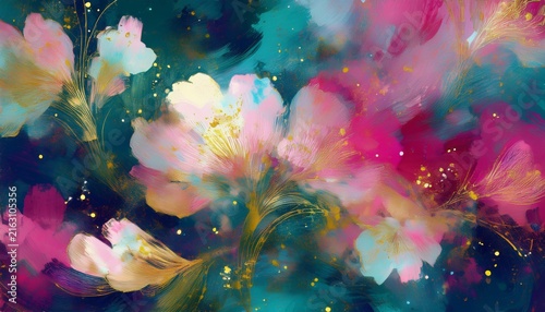 rich abstract floral pattern with layered brushstrokes and white speckles in deep teal dark gold and vibrant pink for design high end fabrics and unique home decor