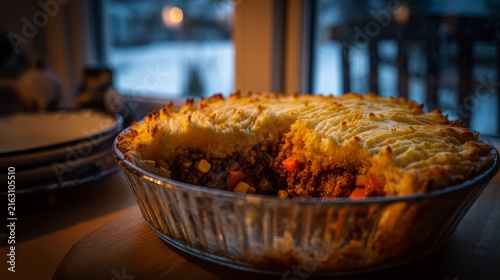 Delicious meat pie with vegetables served in glass dish at sunset