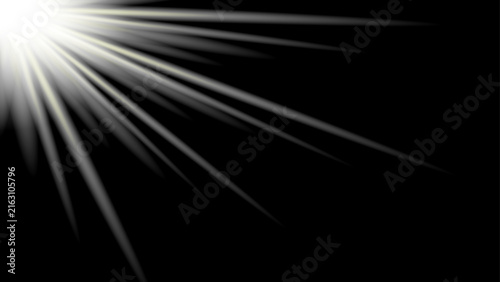 Bright white light rays and diagonal lens flare effect isolated on black background