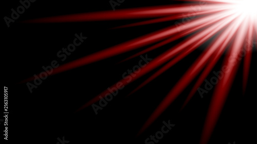 Red light rays and diagonal lens flare effect isolated on black background