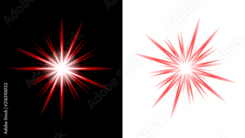 Bright red lens flare and starburst light effect isolated on black and white background