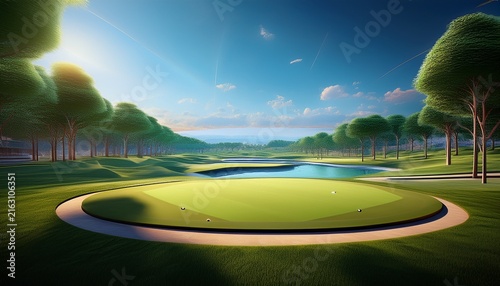 indoor golf simulation with realistic virtual course landscape featuring bright blue sky and lush green fairway