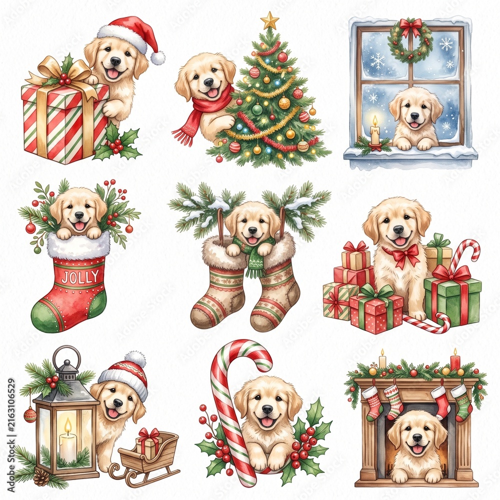 Obraz premium Cute golden retriever dog celebrating christmas with presents and decorations
