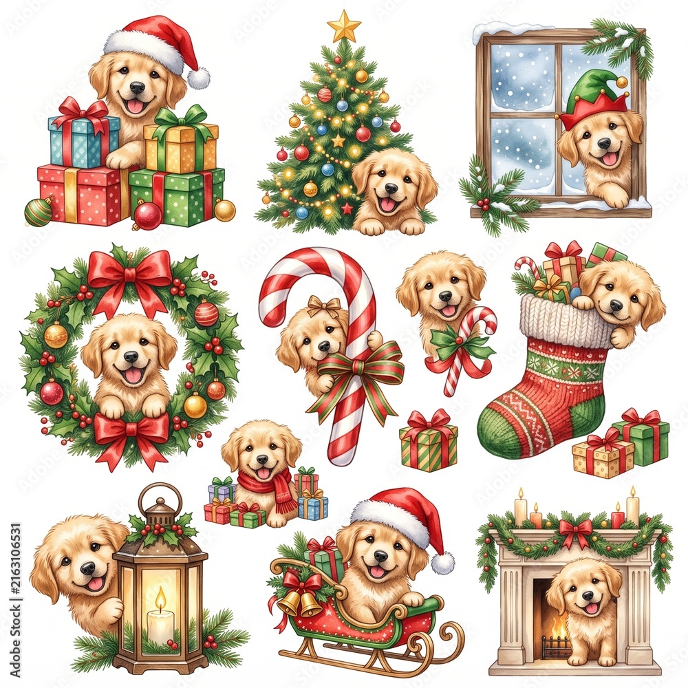 Fototapeta premium Cute golden retriever dogs celebrating christmas with presents and decorations