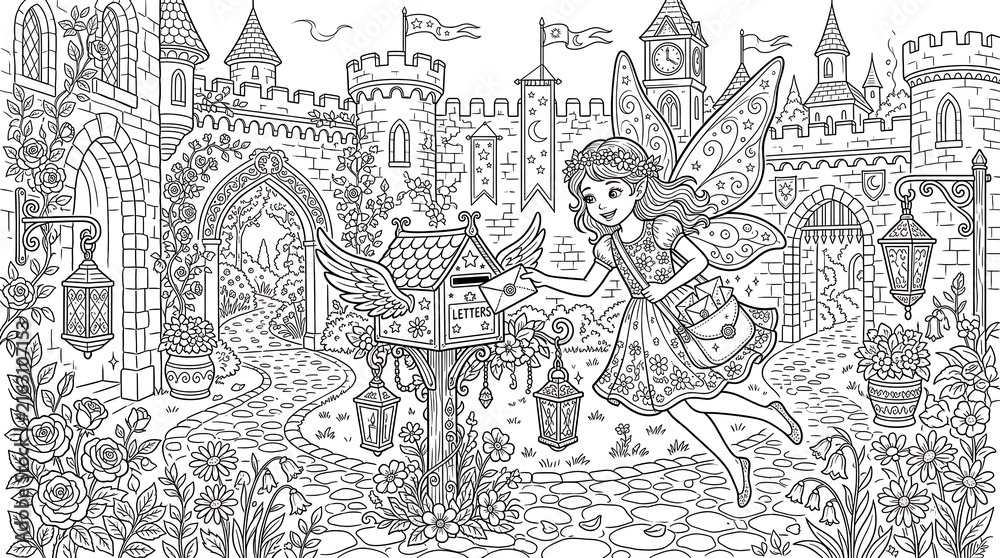 Obraz premium Enchanted fairy delivering letters to a winged mailbox in a castle courtyard with stone paths, blooming roses, and hanging lanterns