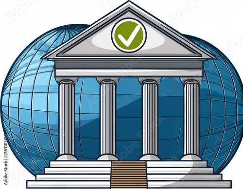bank building with globe and checkmark isolated on white