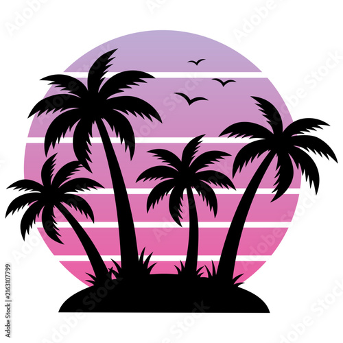Tropical sunset landscape with palm trees silhouette, retro 80s style synthwave aesthetic, vector illustration podium