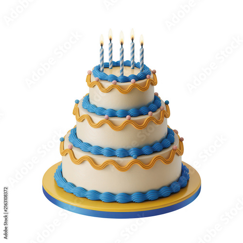 Beautiful birthday cake with blue and gold decorations and lit candles