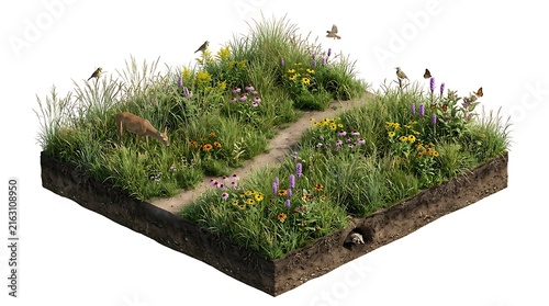 A Miniature 3D Isometric Ecosystem With Lush Green Grass And Wildflowers Is Isolated