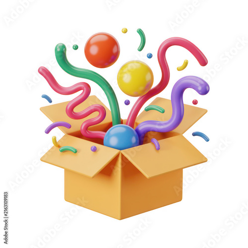 Vibrant 3D objects bursting from cardboard box