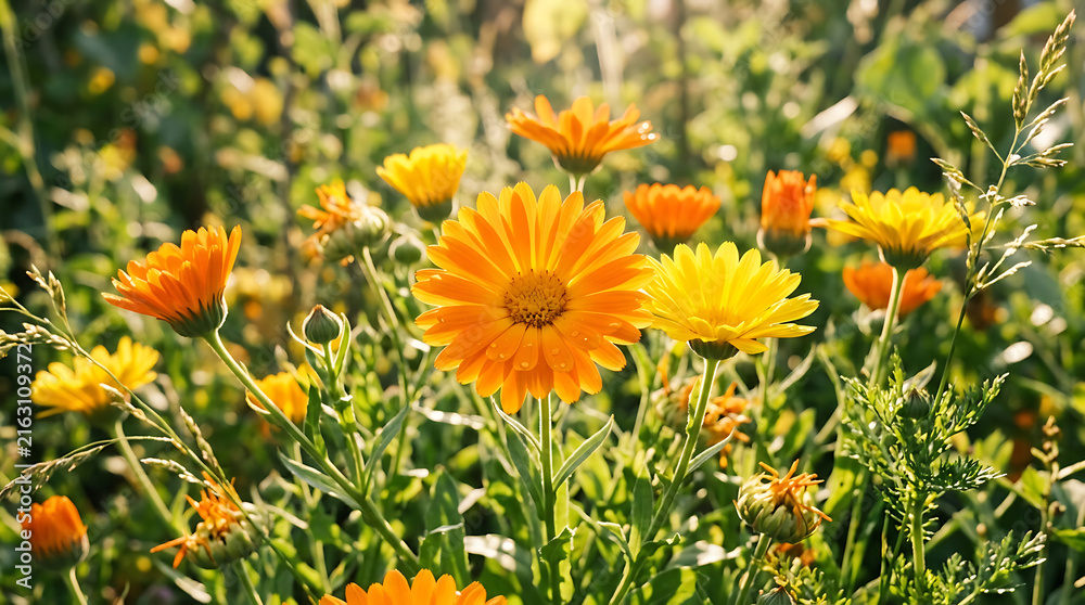 Fototapeta premium Bright orange and yellow calendula flowers blooming in a sunny garden during a warm summer afternoon with natural sunlight shining on the petals of the vibrant medicinal marigold plants