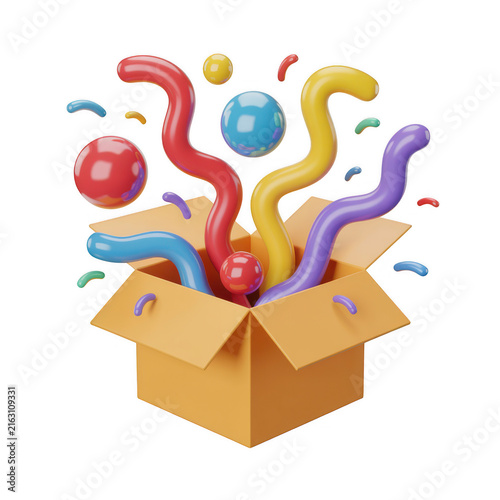 Vibrant colorful objects emerging from open cardboard box