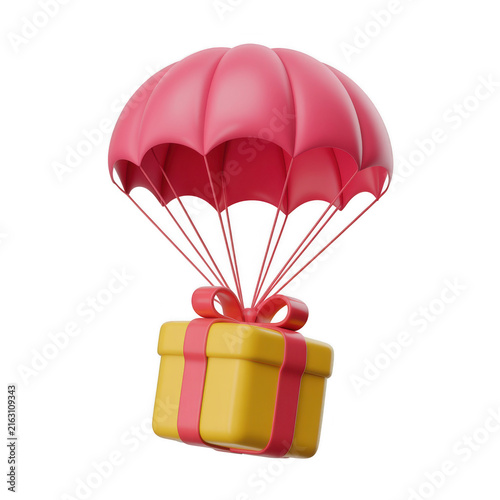 Gift box parachuting down with pink parachute and yellow wrapping
