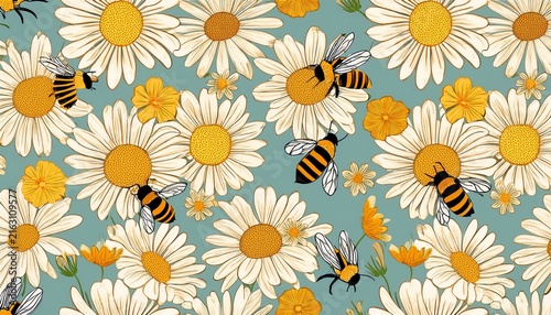 summer daisy bees seamless pattern artistic floral botanical print for fabric wallpaper design