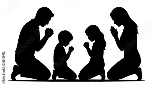 Obraz na plátně Silhouette of a family kneeling and praying together on a white background
