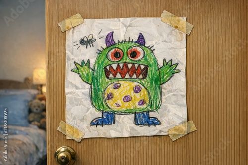 A young child's creative drawing of a monster on a piece of paper