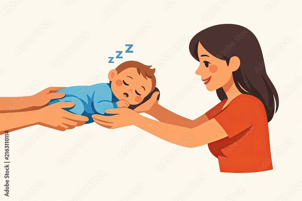 Fototapeta premium A mother gently holds a sleeping baby in her arms
