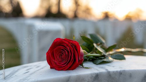 Close rows of white marble headstones in a military cemetery, single red rose resting against one headstone, soft golden hour light, memorial day remembrance concept, tribute, resp