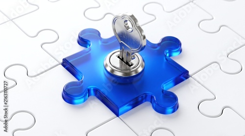 Puzzle Piece with a Metal Key Inserting into a Lock for Security
