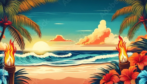 hawaiian border featuring palm trees tiki torches and ocean waves ideal for beach party flyers travel promotions or tropical themed designs
