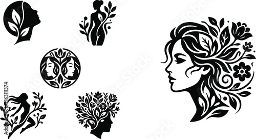 Set of black silhouette woman face profiles adorned with botanical leaves and flowers vector icons, silhouette