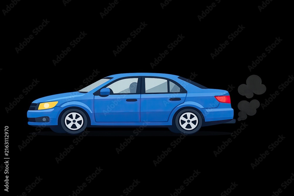 Fototapeta premium A blue car with smoke billowing out from the exhaust