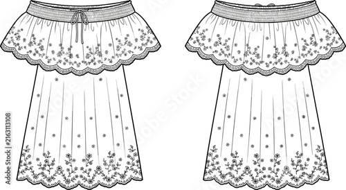 Bild auf Leinwand Women Off the Shoulder Smocked Ruffle Tunic Blouse Technical Flat Sketch Vector