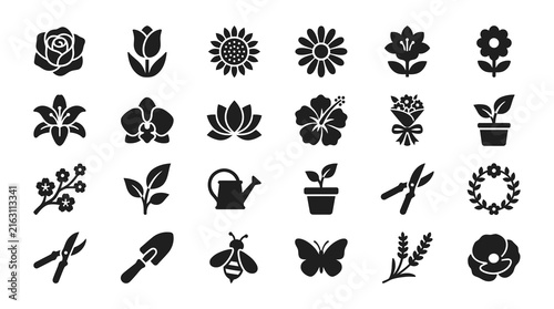 Floral Icons Set in Silhouette Style with Black and White Tones on White Background for Graphic Design