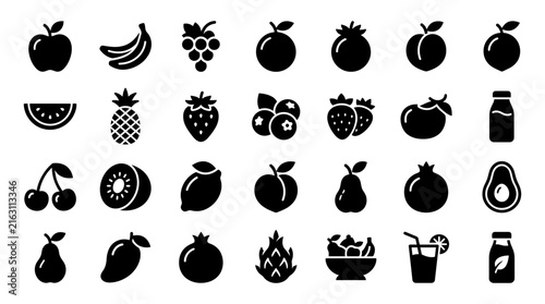 Fruit icons in silhouette style with flat design and monochrome color for healthy eating and food branding.